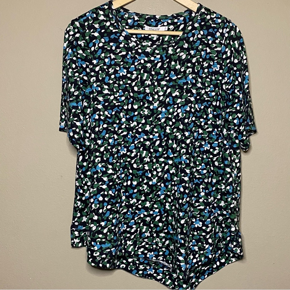 Chico's Short Sleeve Knit Top Women Large Green Blue Print Asymmetrical New